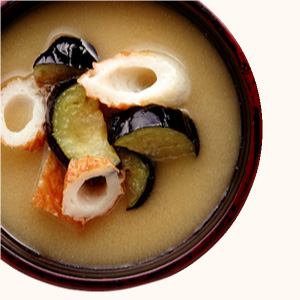 Autumn Eggplant and Tubular Fish Cake Miso Soup