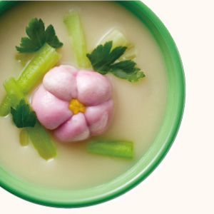 Colored Wheat Gluten Cake and Japanese Butterbur Miso Soup