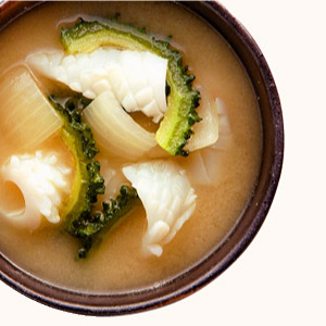 Stir-fried Bitter Gourd, Squid and Onion Miso Soup