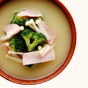 Enoki, Broccoli and Ham Miso Soup