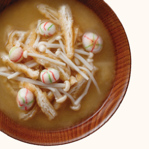 Colored Wheat Gluten Cake Ball and Enoki Mushroom Miso Soup