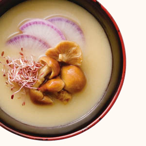 Nameko Mushroom and Red Daikon Radish Miso Soup