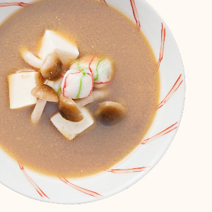 Tofu, Colored Wheat Gluten Cake Ball and Shimeji Mushroom Miso Soup