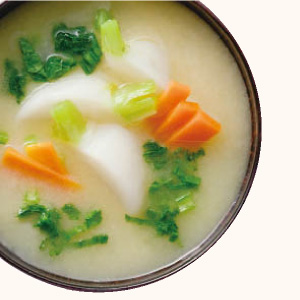 White Bok Choy, Nankan-age and Colored Wheat Gluten Cake Ball Miso Soup