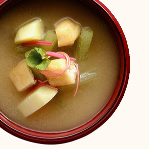 Japanese Butterbur, Deep-fried Tofu and Potato Miso Soup