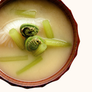 Ostrich Fern and Devil’s Tongue Noodles Miso Soup