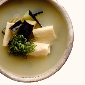 Deep-fried Eggplant and Fresh Tofu Skin Miso Soup