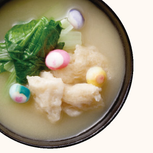 White Bok Choy, Nankan-age and Colored Wheat Gluten Cake Ball Miso Soup