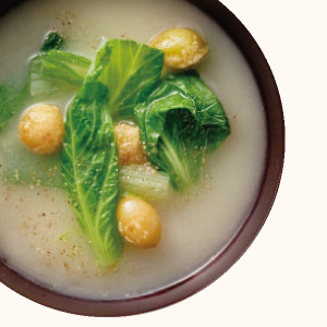 White Bok Choy and Deep-fried Ginkgo Nuts Miso Soup